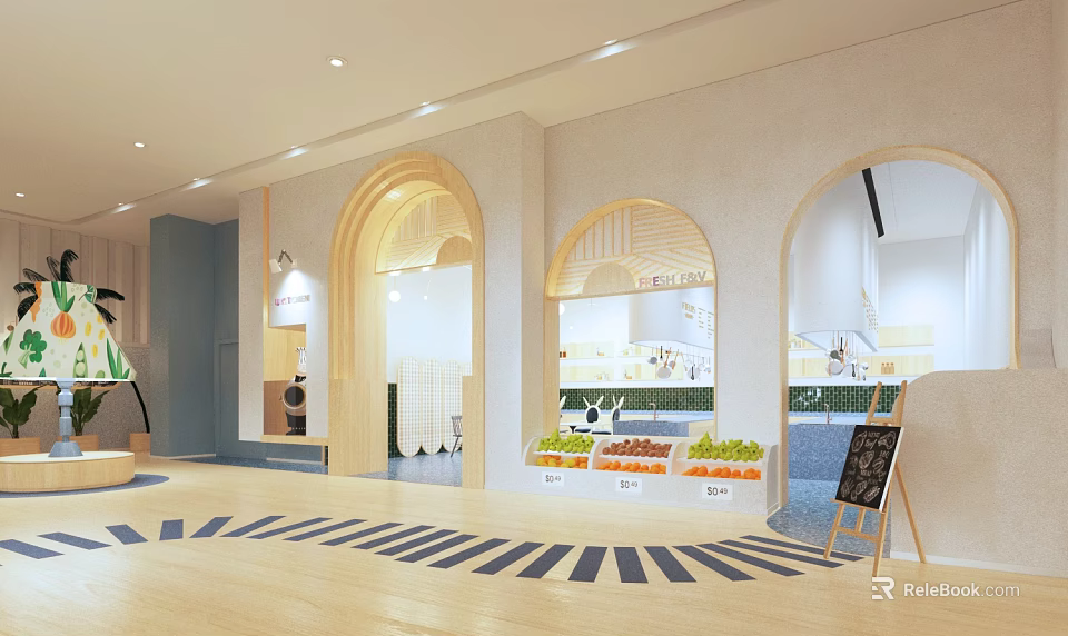 Commercial Kitchen Interior With Arched Doorways And Fresh Fruit Vegetable 3d model