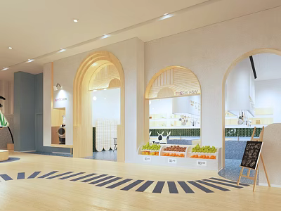 Commercial Kitchen Interior With Arched Doorways And Fresh Fruit Vegetable 3d model