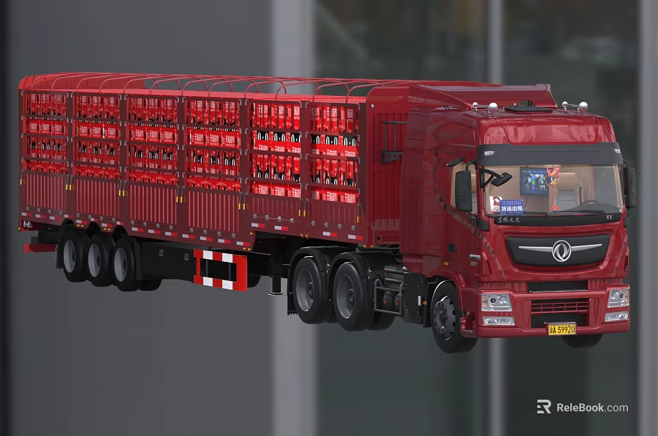 Red Dongfeng Truck with Cargo Container Featuring Multiple Cages 3d model