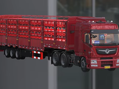 Red Dongfeng Truck with Cargo Container Featuring Multiple Cages 3d model