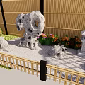 Courtyard Garden With Bamboo Fence Lattice Design Rockery Stones Lantern And Flowers