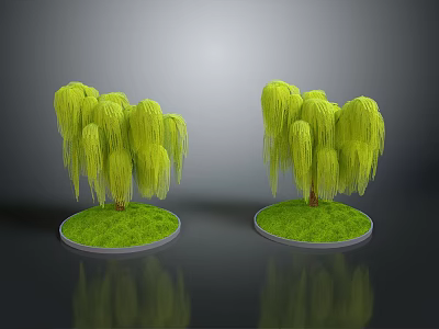 Lush Green Willow Trees With Hanging Branches On Round Grass Base 3d model