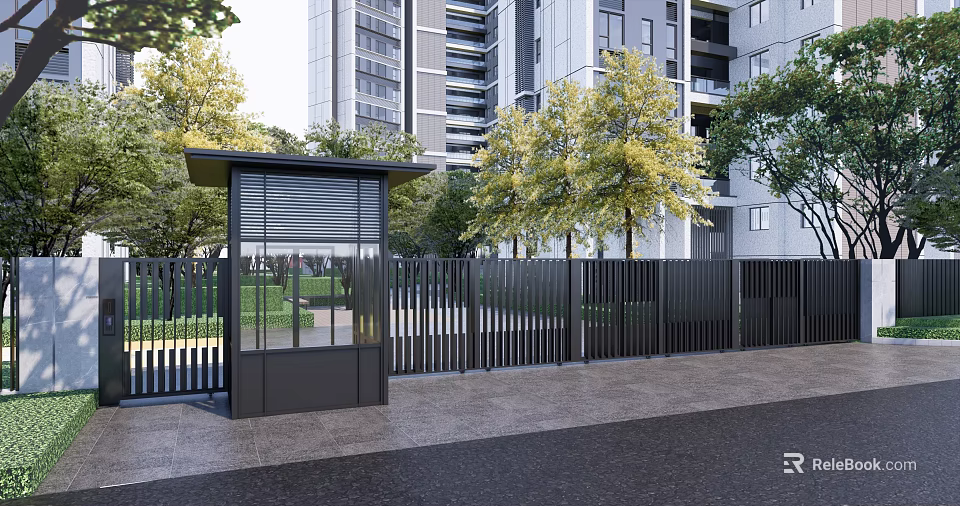 Modern Entrance Gate With Security Booth Trees And High Rise Building 3d model 