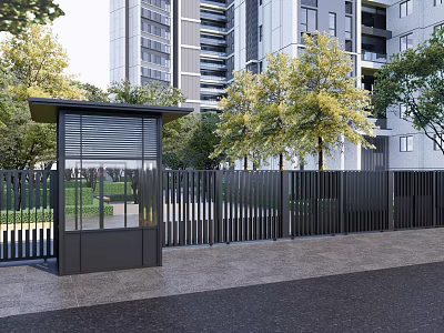 Modern Entrance Gate With Security Booth Trees And High Rise Building 3d model