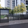Modern Entrance Gate With Security Booth Trees And High Rise Building