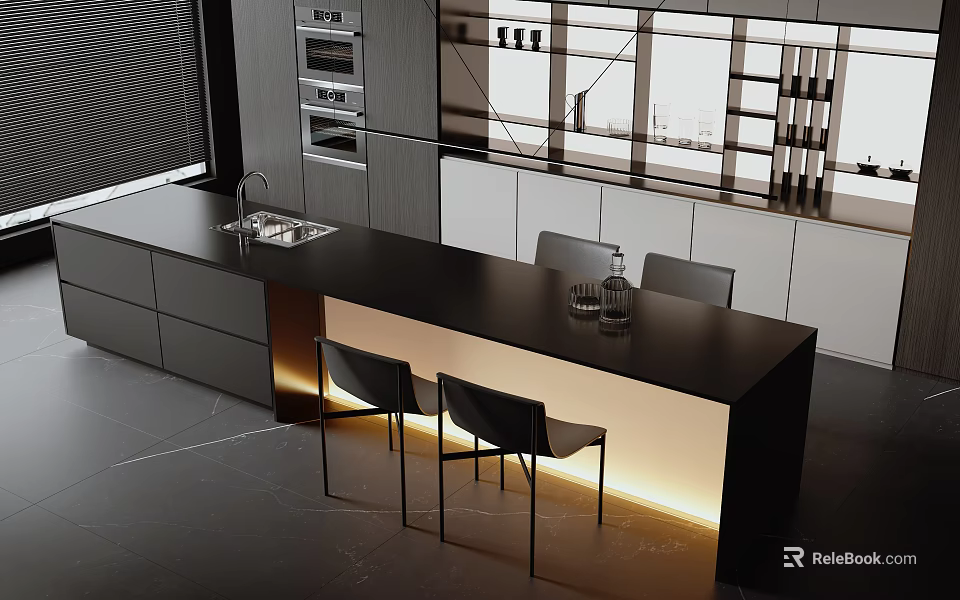 Modern Kitchen With Black Island Countertop Under Cabinet Lighting And Chairs 3d model 