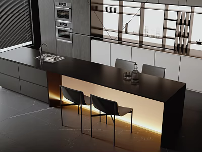 Modern Kitchen With Black Island Countertop Under Cabinet Lighting And Chairs 3d model