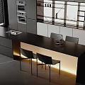 Modern Kitchen With Black Island Countertop Under Cabinet Lighting And Chairs