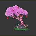 Pink Cartoon Tree With Fluffy Leaves Red Ornaments Striped Candy Cane Trunk And Green Grass