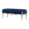 Elegant Blue Velvet Sofa Bench With Silver Carved Legs And Tassel Accents