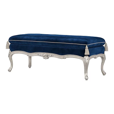 Elegant Blue Velvet Sofa Bench With Silver Carved Legs And Tassel Accents 3d model