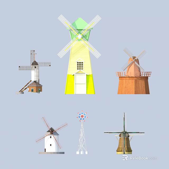 Six Different Style Windmill Models With Various Colors And Design Features 3d model 