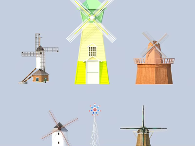 Six Different Style Windmill Models With Various Colors And Design Features 3d model