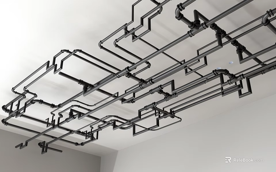 Black Industrial Metal Pipes on Ceiling with Complex Interconnected Layout 3d model 
