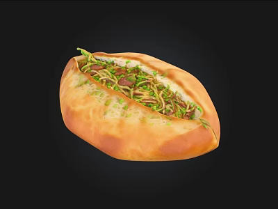 Golden Crusted Stuffed Pita Bread With Fresh Vegetables And Meat Filling 3d model