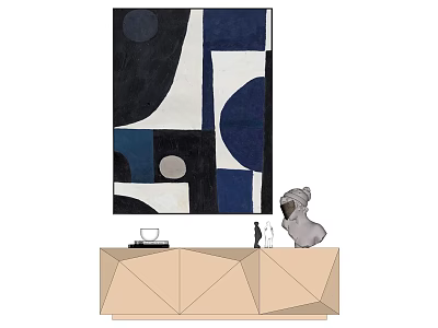 Abstract Geometric Painting With Blue Black White Tones On Beige Geometric Cabinet With Gray Sculpture 3d model