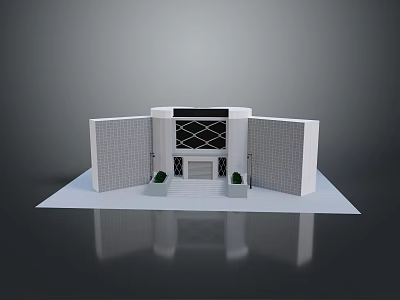 Symmetrical Architectural Landscape with White Walls Black Decorated Door Green Plants and White Platform 3d model