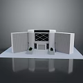 Symmetrical Architectural Landscape with White Walls Black Decorated Door Green Plants and White Platform