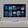 Wall Mounted Smart TV Displaying Streaming Content on Marble TV Stand with Flower Vases