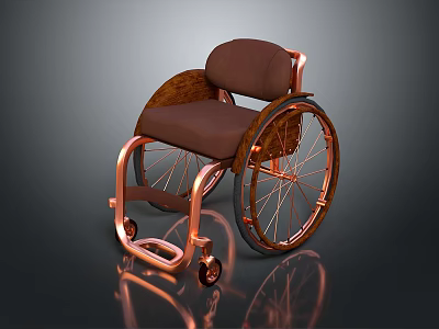 Modern Wheelchair Design With Copper Frame Brown Seat And Large Wheels 3d model