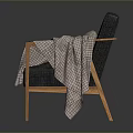 Gray Fabric Upholstered Chair With Wooden Frame Plaid Pillow And Blanket