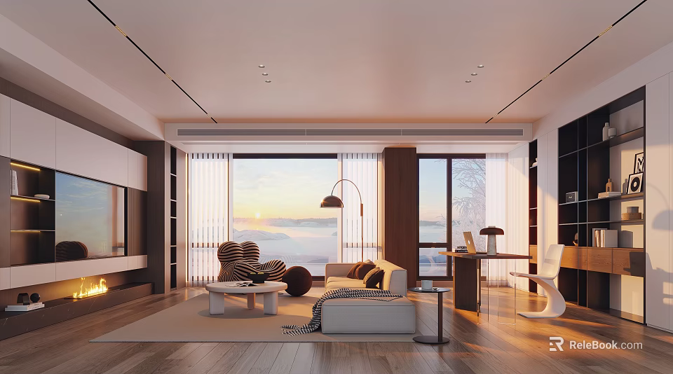 Modern Bright Living Room With Panoramic Scenic Window And Comfortable Functional Home Interior Design 3d model 