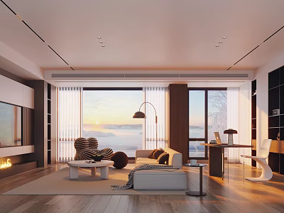 Modern Bright Living Room With Panoramic Scenic Window And Comfortable Functional Home Interior Design 3d model