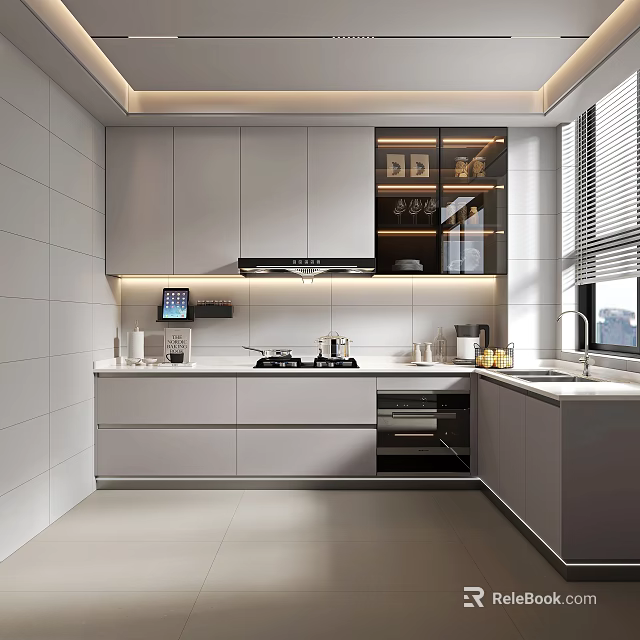 Modern White Kitchen With Cabinets Stove Range Hood And Glass Door Cabinet 3d model 