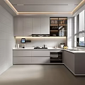 Modern White Kitchen With Cabinets Stove Range Hood And Glass Door Cabinet