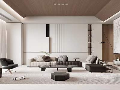 Modern Minimalist Living Room Interior With Wooden Elements Sofa Area Rug And Coffee Table 3d model