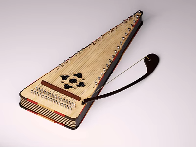 Traditional Wooden Dulcimer Musical Instrument With Metal Strings And Decorative Bow Design 3d model