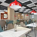 Modern Restaurant Interior With Red Pendant Lights Green Chairs And Large Windows