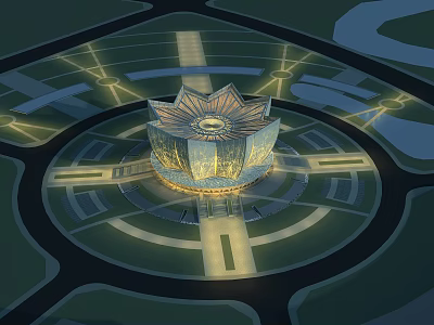 Lotus Shaped Modern Landmark Building With Night Lighting And Circular Roads 3d model