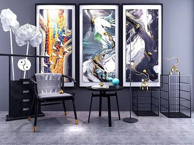 Modern Interior Featuring Three Abstract Paintings With Vibrant Colors And Decorative Accents 3d model