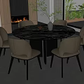 Modern Restaurant Interior With Round Black Marble Dining Table White Chairs Vase Plant And Fireplace