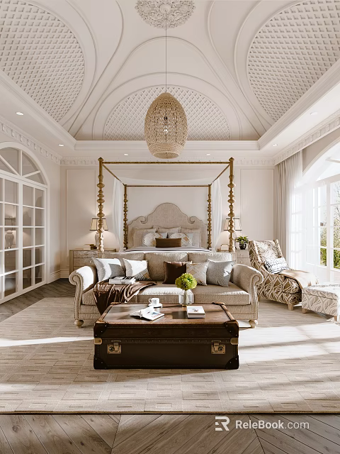 Elegant Bedroom Interior Design With Golden Four Poster Bed Beige Sofa And Arched Windows 3d model 
