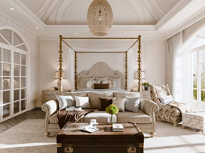Elegant Bedroom Interior Design With Golden Four Poster Bed Beige Sofa And Arched Windows 3d model