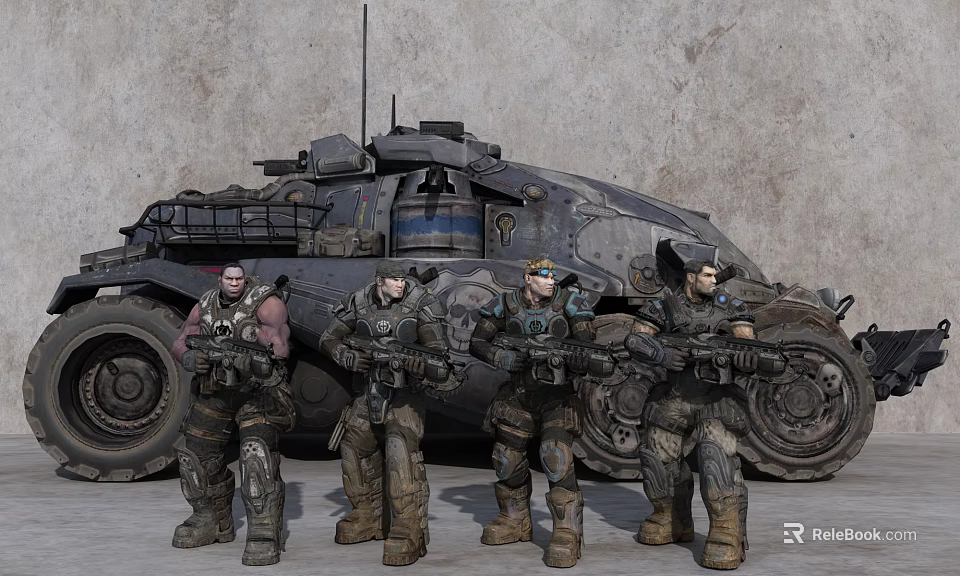 Military Tank With Four Armed Soldiers In Uniform Standing Before Gray Wall 3d model 