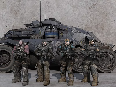 Military Tank With Four Armed Soldiers In Uniform Standing Before Gray Wall 3d model