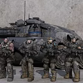 Military Tank With Four Armed Soldiers In Uniform Standing Before Gray Wall