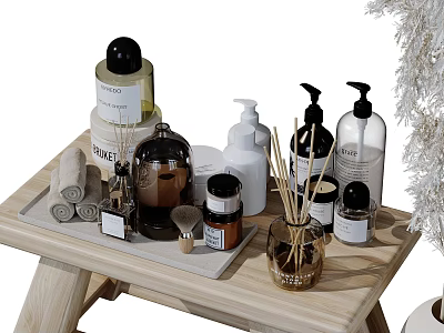 Modern Bathroom Set With Wooden Tray Fragrance Bottles Rolled Towels And Reed Diffusers 3d model