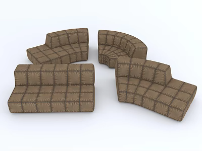 Plush Brown Checkerboard Pattern Modular Sectional Sofa For Living Room Seating 3d model