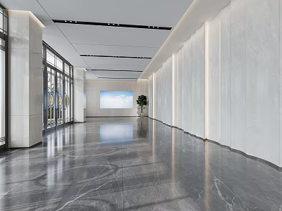 Modern Lobby Reception Area With Spacious Marble Floor And Glass Windows 3d model
