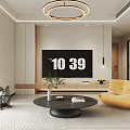 Modern Living Dining Room With Beige Sofa Coffee Table Round Chandelier And Decorative Rug
