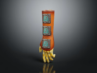 Man Wearing Brown Leather Wrist Guard With Blue Gemstone Decorations And Yellow Bone Hand Model 3d model