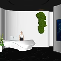 Modern Front Desk Reception Area With White Counter Green Plant Decor And World Map Mural Design