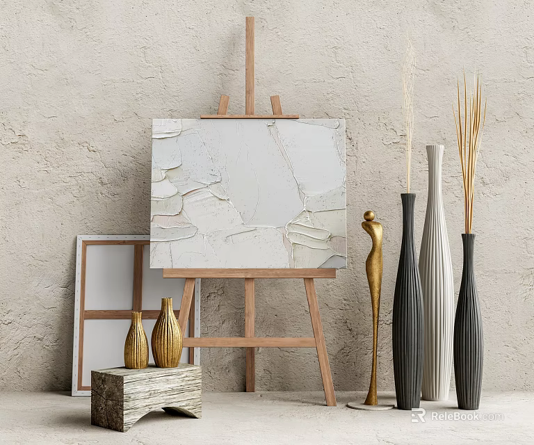 Musical Instruments and Art Supplies Display with Canvas Easel Brushes and Wooden Decor 3d model 
