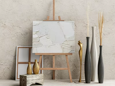 Musical Instruments and Art Supplies Display with Canvas Easel Brushes and Wooden Decor 3d model