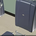 Blue Suitcases In Different Sizes With Wheels And Handles Against Light Green Wall