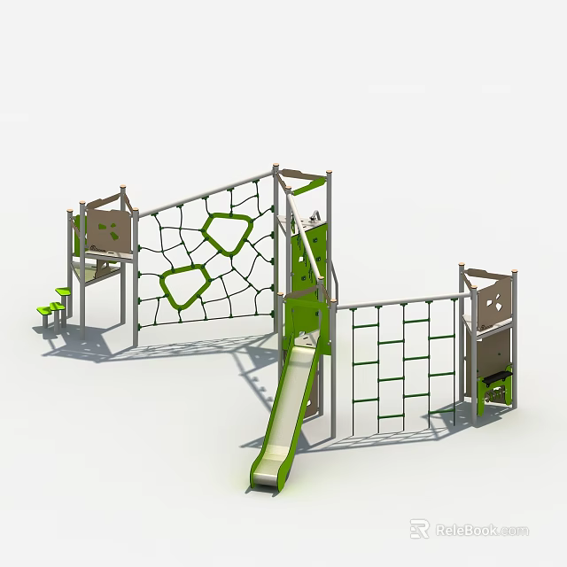 Green Outdoor Playground Equipment With Climbing Net Slide And Ladder 3d model 